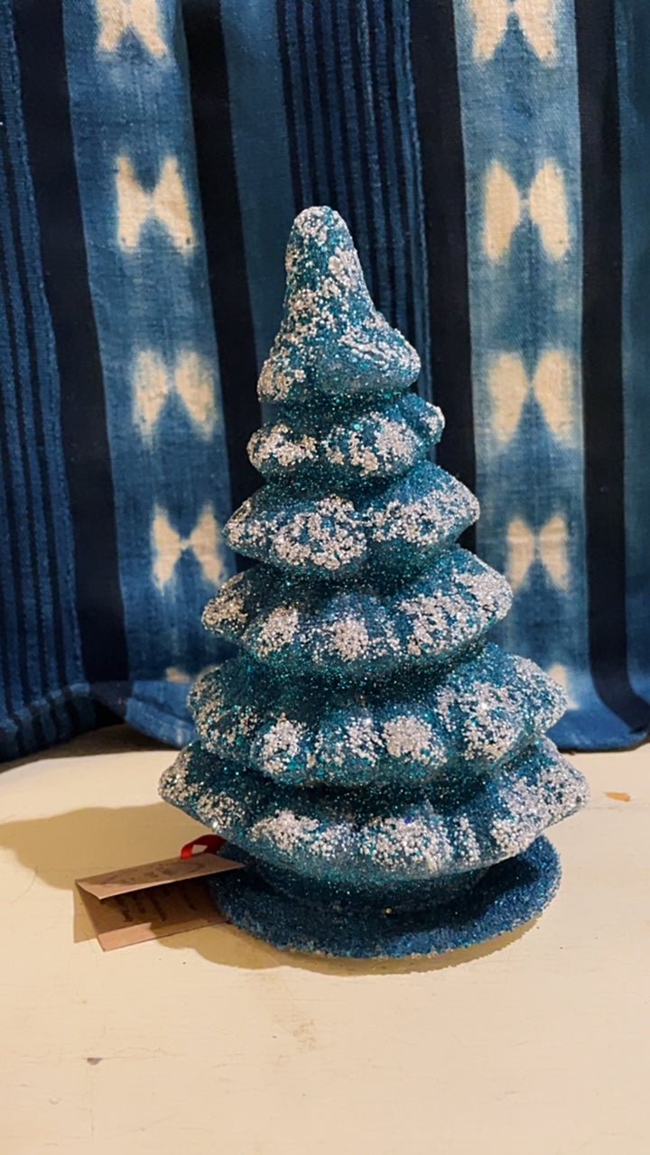 Teal Blue with Frost Christmas Tree - Beaded Papier-Mache - Bon Ton goods