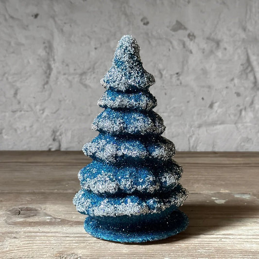 Teal Blue with Frost Christmas Tree - Beaded Papier-Mache - Bon Ton goods