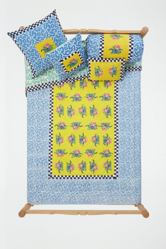 Tiles Yellow Reversible Quilt 220x270 | Lisa Corti - Bon Ton goods