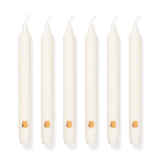 Six ivory Trudon Nazareth Scented Madeleines taper candles with gold emblems