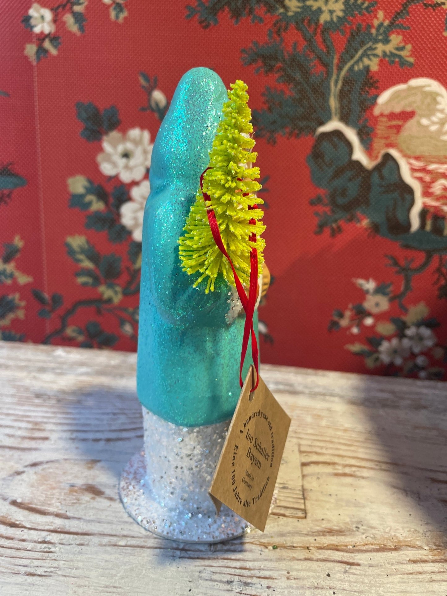 Turquoise Glitter Santa With Yellow Tree | Ino Schaller - Bon Ton goods