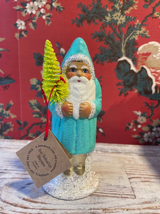 Turquoise Glitter Santa With Yellow Tree | Ino Schaller - Bon Ton goods