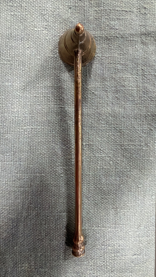 Vintage brass candle snuffer with tiered bell head and slender handle, 20 cm long
