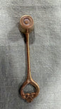 Vintage brass candle snuffer with round bell head and heart-shaped handle, 15 cm long