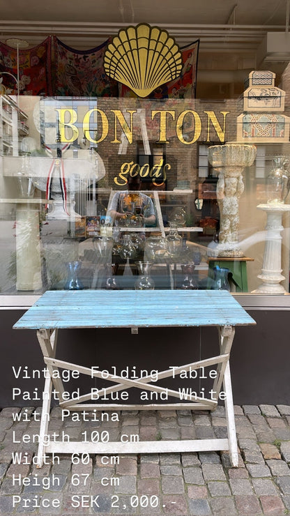 Vintage Folding Table with Blue Slatted Top - Bon Ton goods