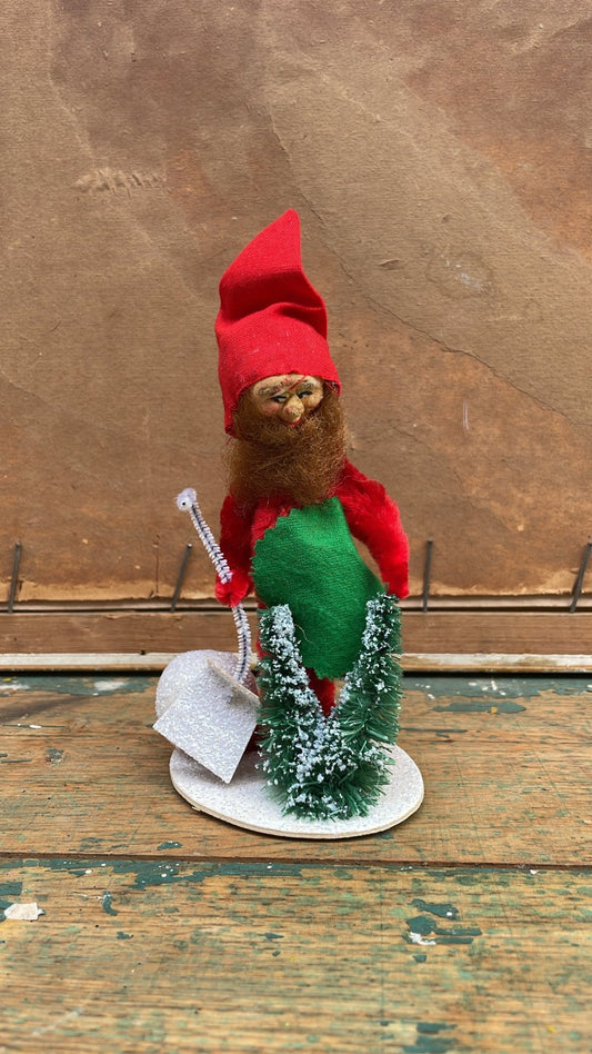 Vintage Handmade Scandinavian Tomte with Flocked Trees | Swedish Nisse Christmas Decor - Bon Ton goods