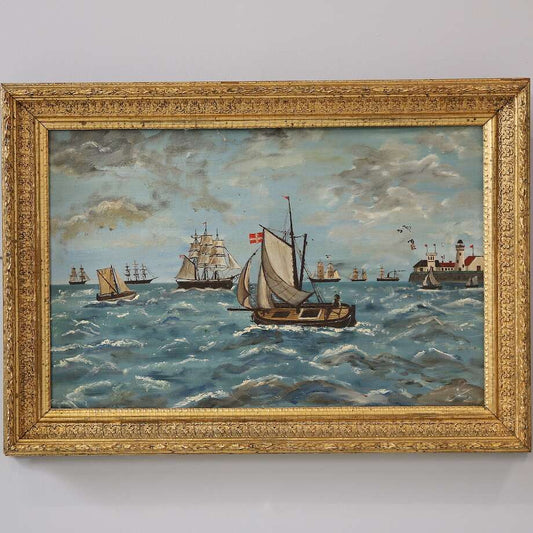 Vintage Marine Painting – Sailing Ships at Sea | Oil on Panel, 31 × 37 cm - Bon Ton goods