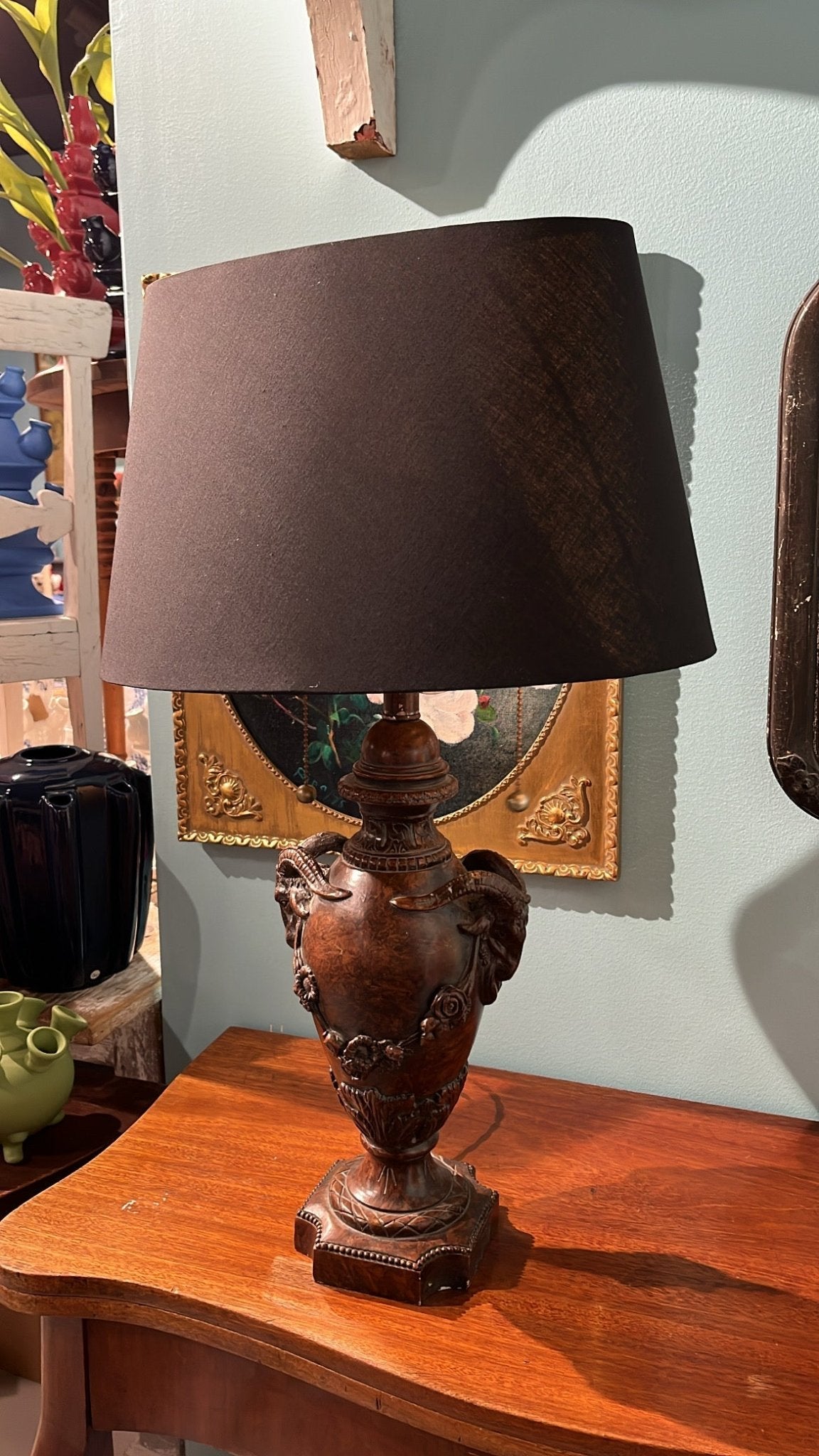 Vintage Ram’s Head Table Lamp with Black Shade - Bon Ton goods