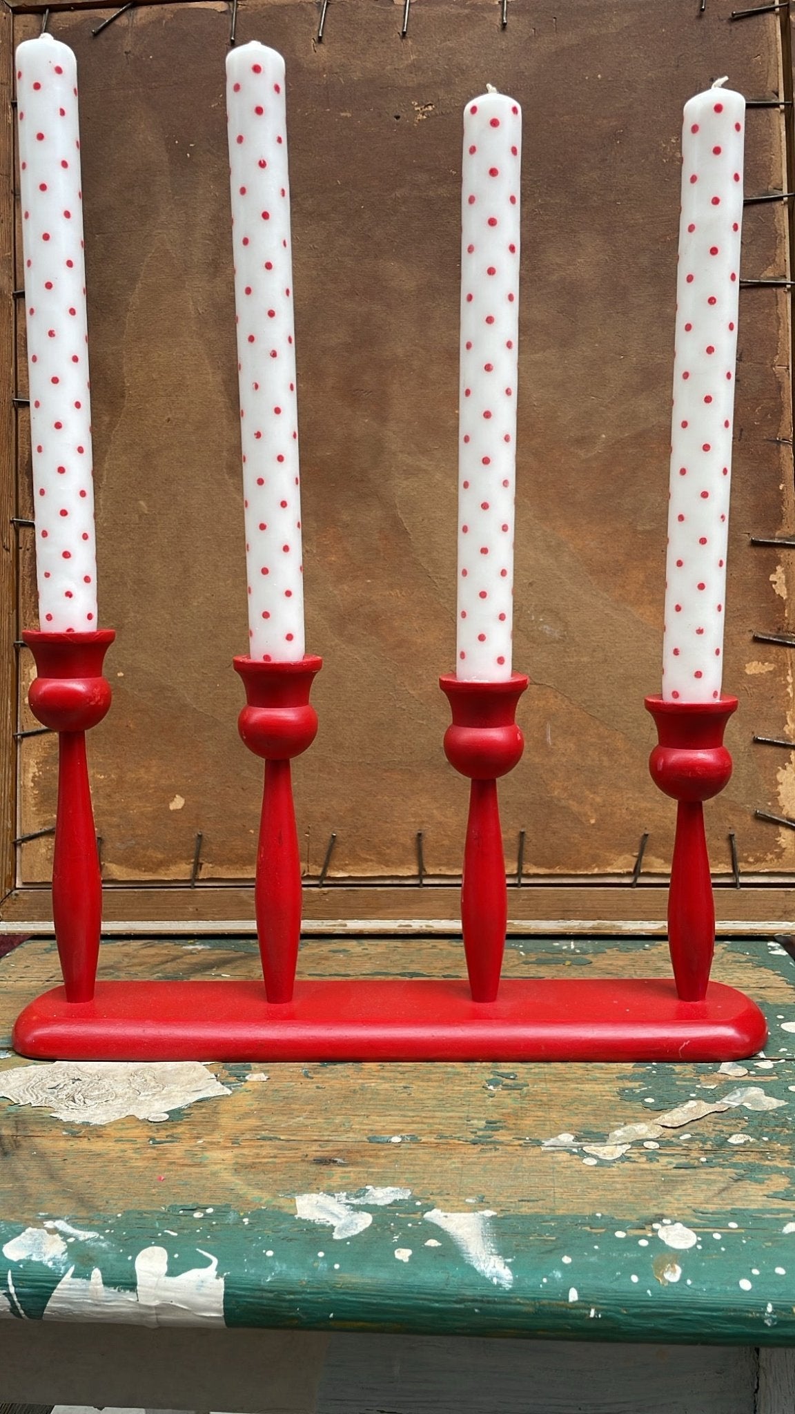 Vintage Scandinavian Red Wooden Advent Candle Holder - Bon Ton goods
