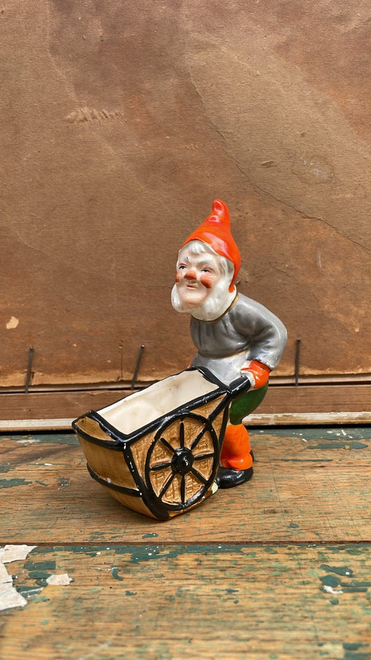 Vintage Scandinavian Tomte with Wheelbarrow — Hand-Painted Ceramic Julfigur Planter - Bon Ton goods