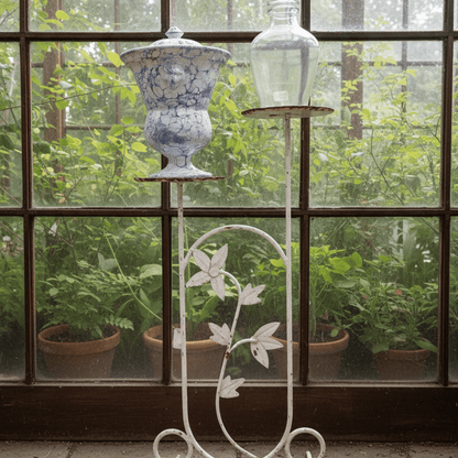 Vintage Wrought Iron Plant Stand with Floral Motif, White Painted Finish - Bon Ton goods
