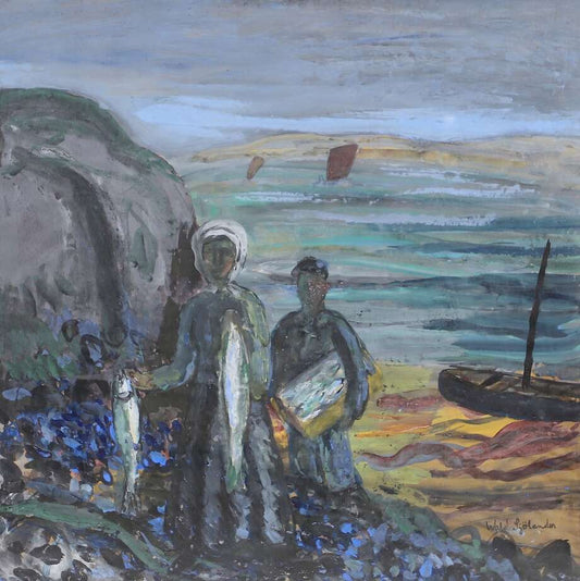 Waldemar Sjölander – Large Framed Watercolor, Coastal Scene (73 × 75 cm) - Bon Ton goods