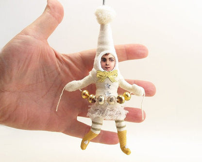 White Decorating Elf Ornament | Vintage by Crystal Spun Cotton Ornament - Bon Ton goods