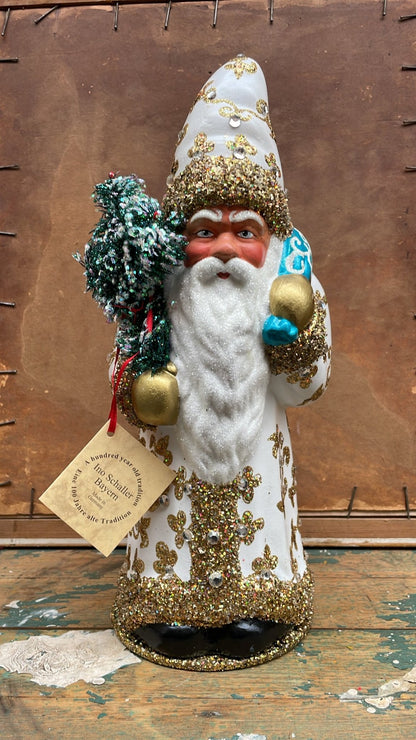 White with Gold Santa with Gold Decoration & Crystals & Peacock Blue Bag| Ino Schaller - Bon Ton goods