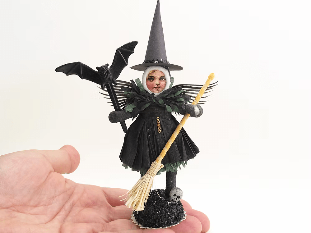 Winged Witch Figure | Vintage by Crystal Spun Cotton Ornament - Bon Ton goods