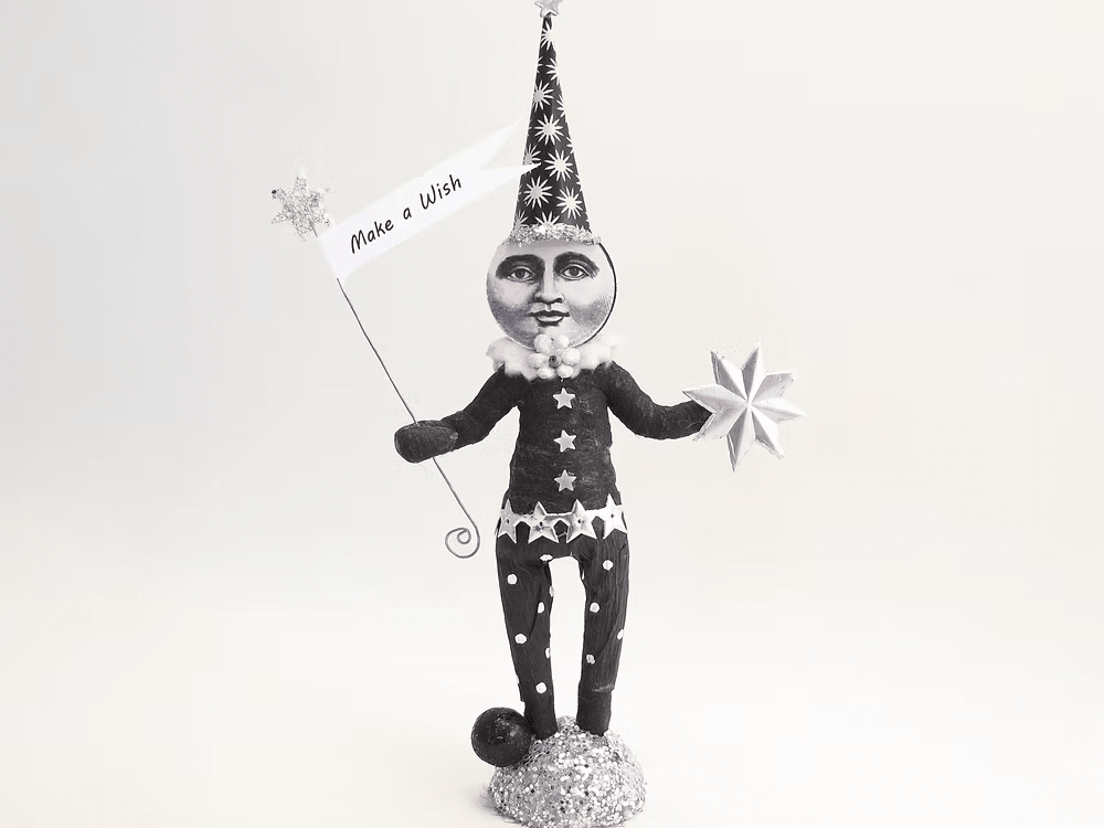 Wishing Moon Figure | Vintage by Crystal Spun Cotton Ornament - Bon Ton goods