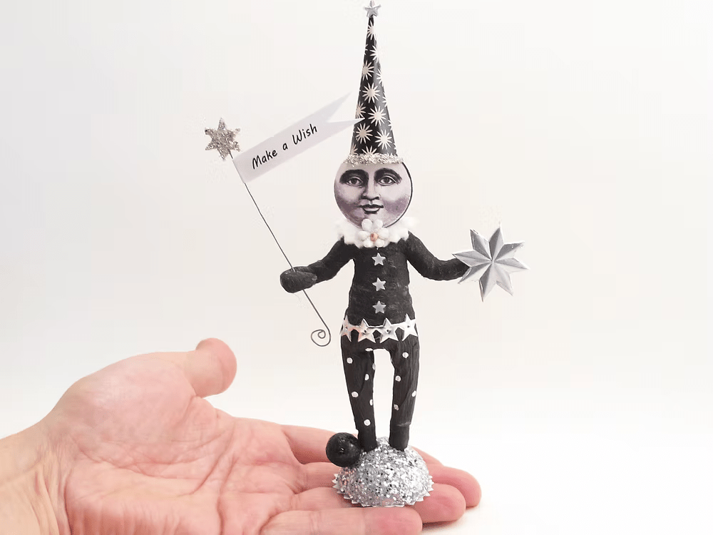 Wishing Moon Figure | Vintage by Crystal Spun Cotton Ornament - Bon Ton goods
