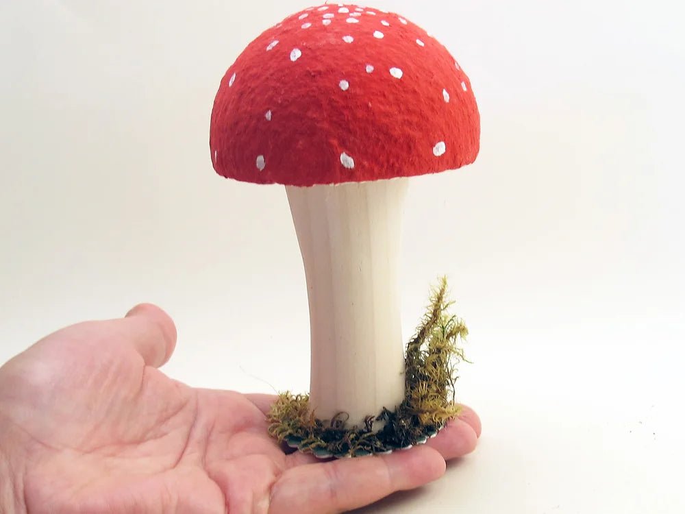 Wood And Cotton Toadstool Mushroom: Large - Vintage Inspired Spun Cotton | Vintage by Crystal Spun Cotton Ornament - Bon Ton goods
