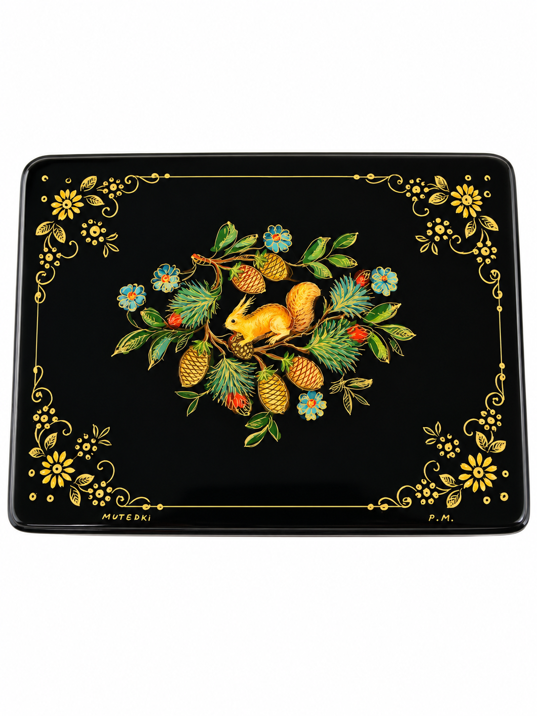 French hand-painted lacquered wooden squirrel jewelry box with floral and pinecone decoration