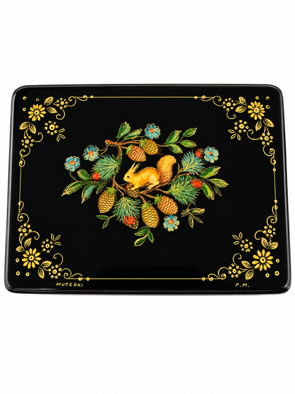 French hand-painted lacquered wooden squirrel jewelry box with floral and pinecone decoration