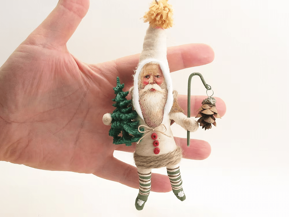 Woodland Pinecone Santa with Lantern Ornament | Vintage by Crystal Spun Cotton Ornament - Bon Ton goods