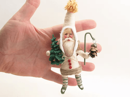 Woodland Pinecone Santa with Lantern Ornament | Vintage by Crystal Spun Cotton Ornament - Bon Ton goods