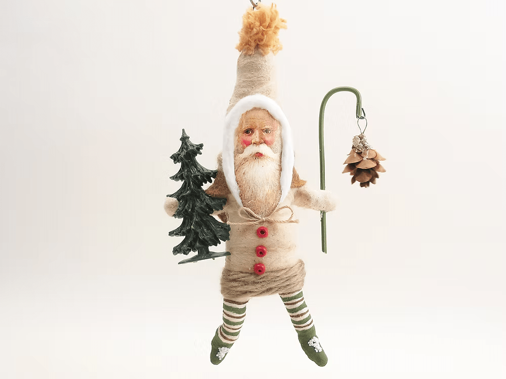 Woodland Pinecone Santa with Lantern Ornament | Vintage by Crystal Spun Cotton Ornament - Bon Ton goods