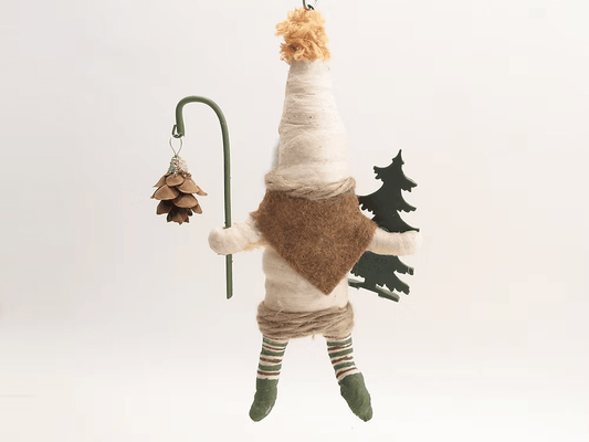 Woodland Pinecone Santa with Lantern Ornament | Vintage by Crystal Spun Cotton Ornament - Bon Ton goods