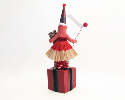 Xmas Girl Standing On Present Figure | Vintage by Crystal Spun Cotton Figure - Bon Ton goods