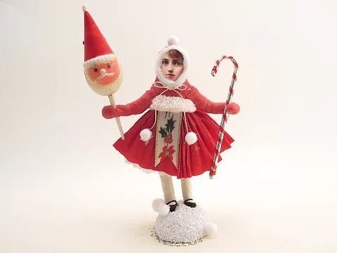 Xmas Girl With Santa Pick - Vintage Inspired Spun Cotton | Vintage by Crystal Spun Cotton Ornament - Bon Ton goods