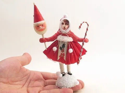Xmas Girl With Santa Pick - Vintage Inspired Spun Cotton | Vintage by Crystal Spun Cotton Ornament - Bon Ton goods