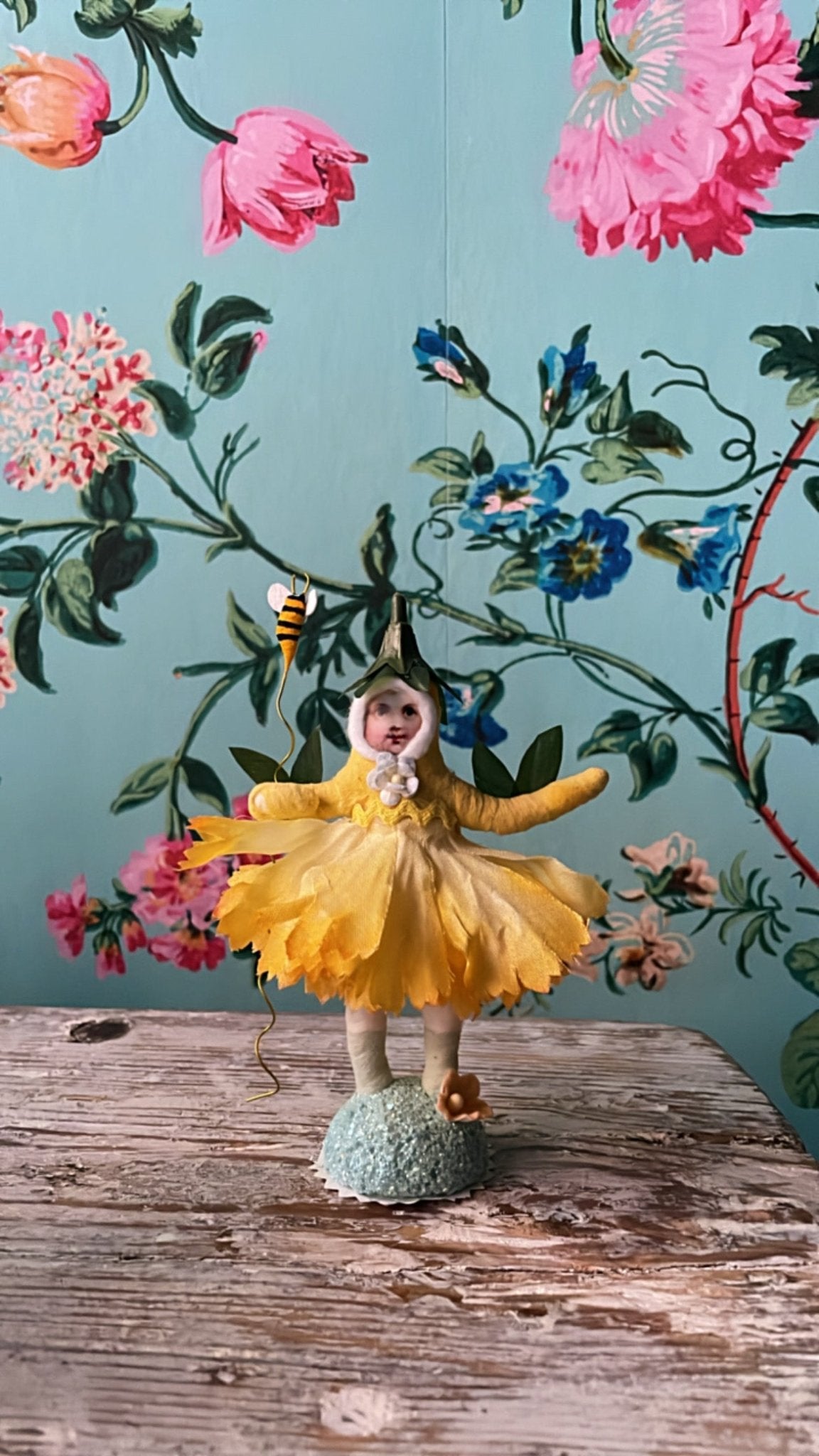 Yellow Bee Petal Girl | Vintage by Crystal Spun Cotton Ornament - Bon Ton goods
