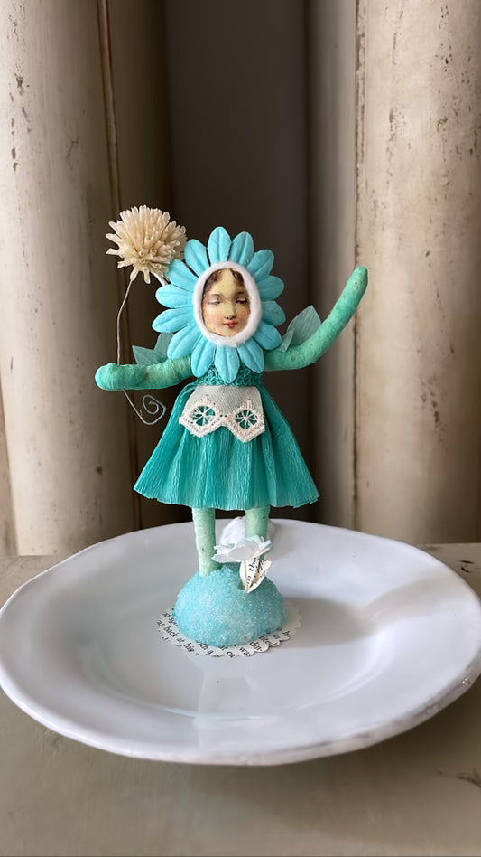 Vintage Inspired Spun Cotton Turquoise Flower Girl Figure | Vintage by Crystal Spun Cotton Ornament
