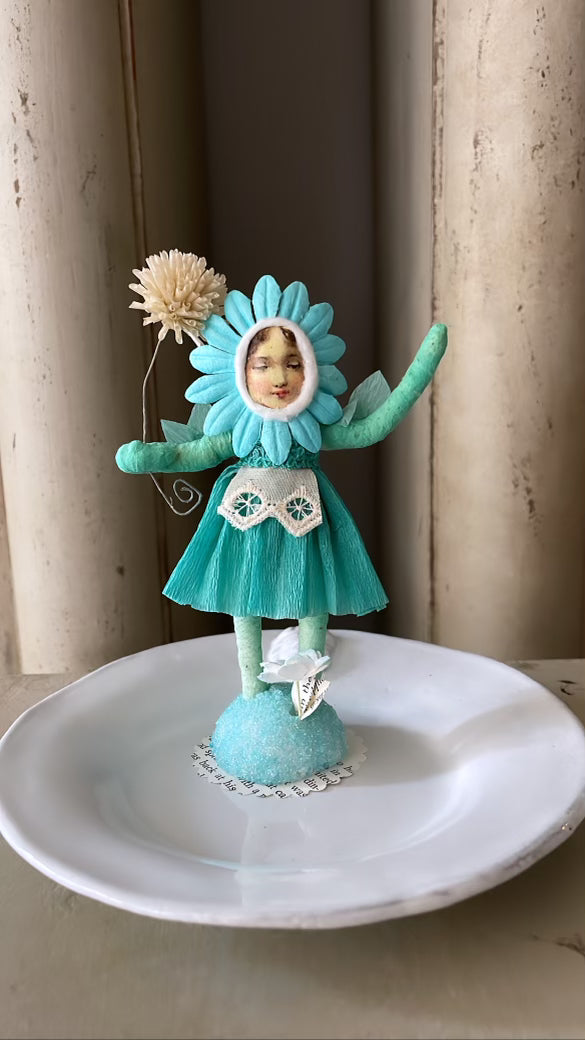 Vintage Inspired Spun Cotton Turquoise Flower Girl Figure