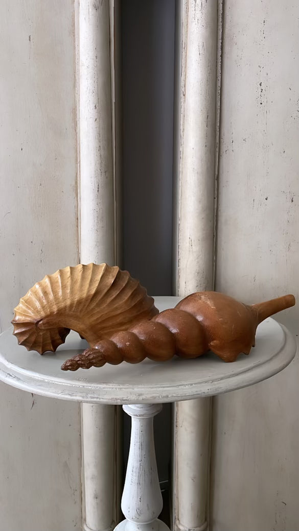 Hand Carved Wooden Shells, Pair - Vintage