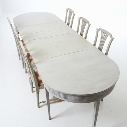 Swedish Gustavian Style Dining Table with Two Leaves and Six Chairs