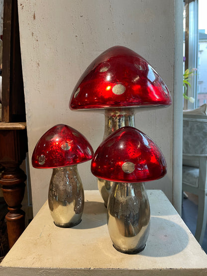 Vintage Painted Mercury Glass Mushroom Figurines (Set of Three)