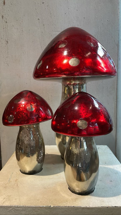 Vintage Painted Mercury Glass Mushroom Figurines (Set of Three)
